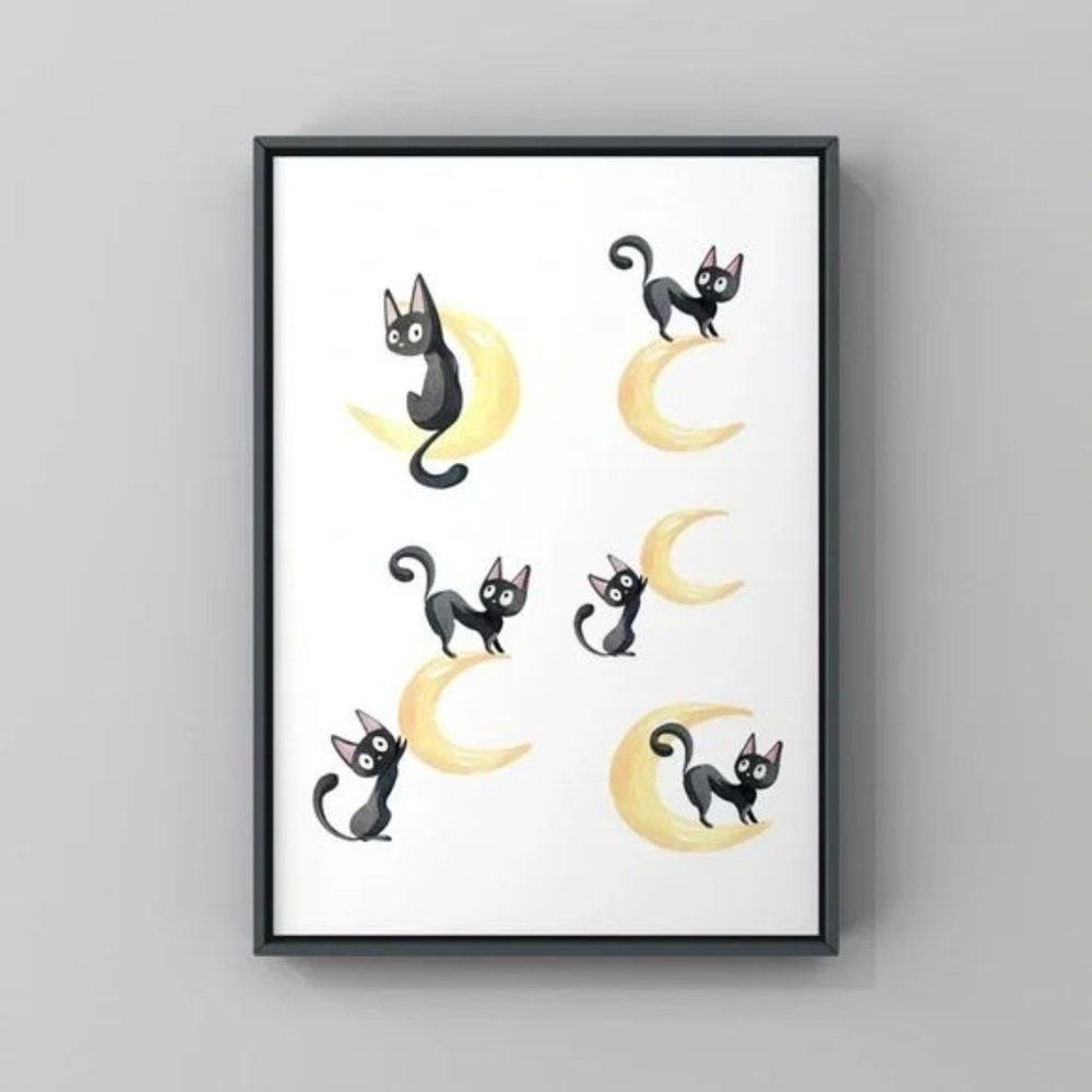 Funky playing cats and moon art prints